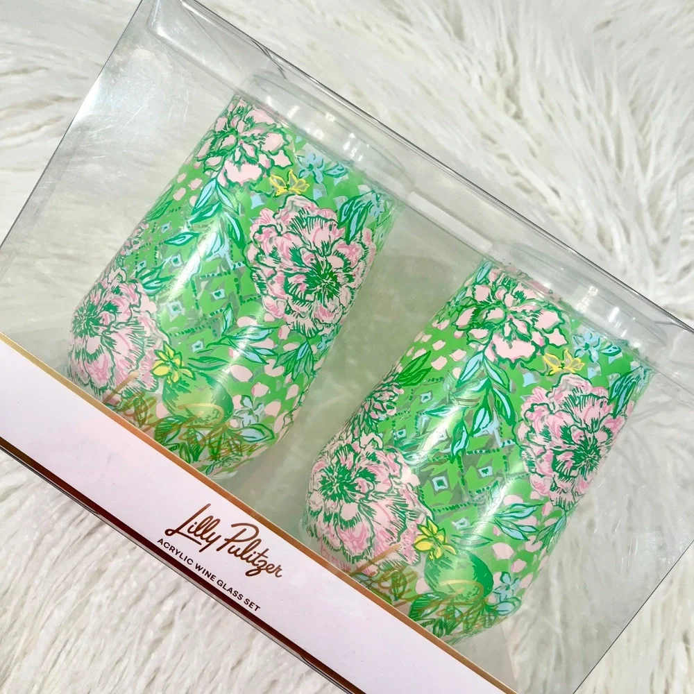 Lilly Pulitzer "Acrylic Wine Glass Set of two in Lime Feeling Good” NWT - Picture 2 of 7